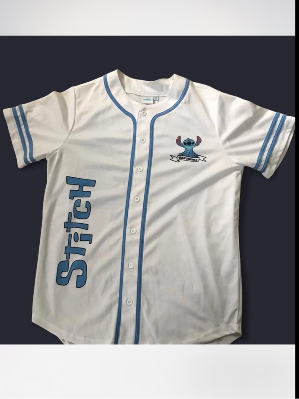 Disney Stitch Baseball Jersey Tee Color:White and Light Blue Size:M